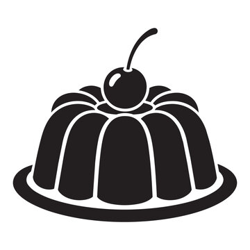 Jelly pudding dessert with cherry on top black and white vector icon illustration