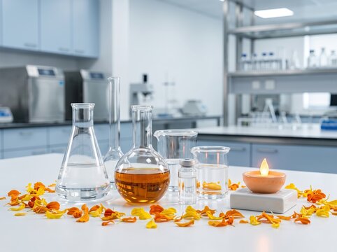 Laboratory glassware with beakers flasks and petri dishes surrounded by flower petals and candle for scented chemistry or aromatherapy research background