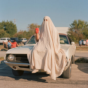 Playful Ghost Figure in Sheet Costume Sitting on the Hood of a Vintage Classic Car and Drinking a Slushy