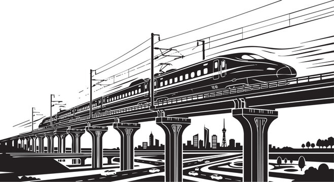 Adobe Illustrator Artwork of A dynamic vector illustration in high-contrast black and white featuring a sleek high-speed train speeding along an elevated viaduct bridge