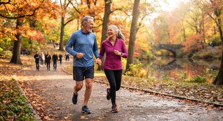 Obraz premium Happy active senior couple holding hands and jogging in autumn park near river