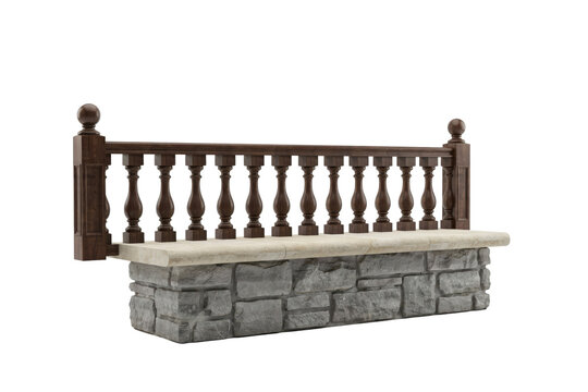 Outdoor garden bench with stone base and dark brown wooden balustrade backrest isolated on a transparent background