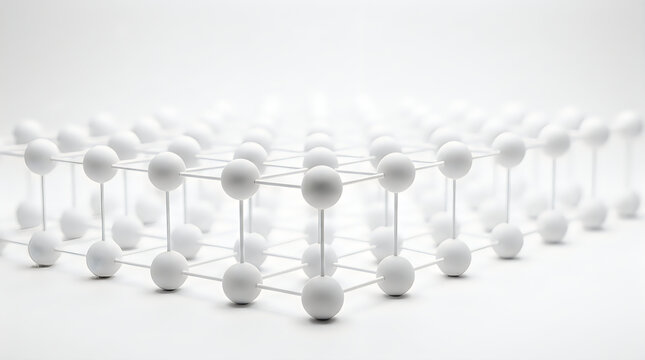 A detailed 3d representation of a crystal lattice structure showing interconnected atoms in a white minimalist background