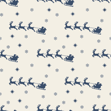 Seamless Christmas pattern with santa claus sleigh, flying reindeer and snowflakes background in retro navy blue and cream style