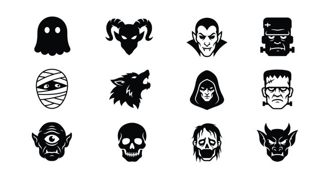 Halloween monsters and ghosts flat icons set