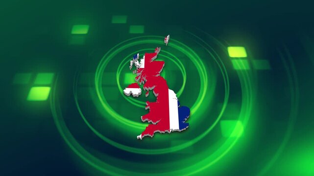 United Kingdom Flag on its Country Map, 3D Map Flag Opener Suitable for Politics, Elections, Travel, News and Sports Events and Presentations