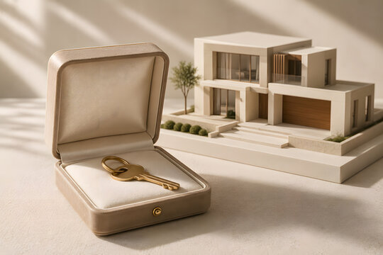 Golden House Key Presented in Luxury Box with Modern Home Model, Premium Property Concept
