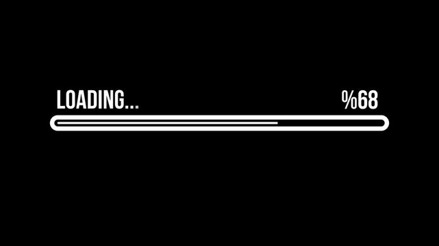 White loading bar animation on black background, progress overlay for full percent, buffer process, download task, interface meter, motion graphic and stock video editing project use.