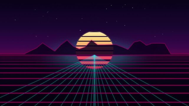 Neon synth horizon over glowing perspective grid