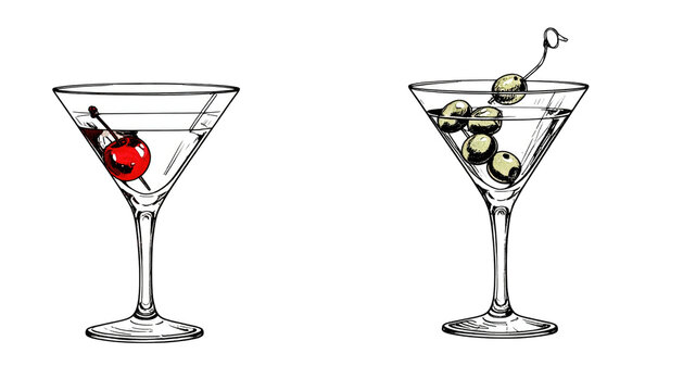 Two cocktail illustrations in stemmed glasses. One with a cherry, the other with olives. Both drinks are on a dark background