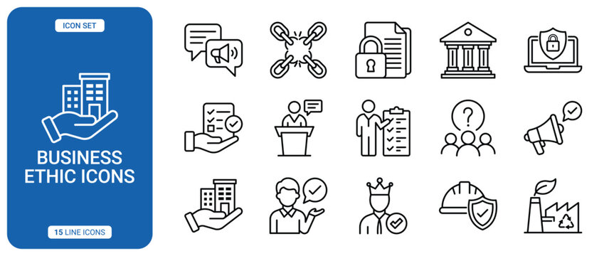 Business ethics line icons set, corporate responsibility and professional conduct symbols, vector illustration of ethical business practices and compliance concepts