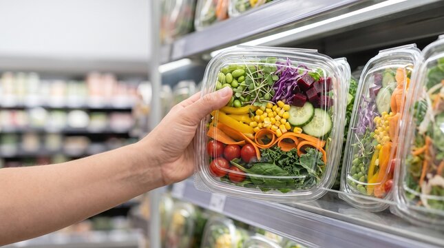 Hand selects a fresh colorful pre packaged salad from a grocery store shelf