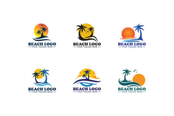 Fototapeta premium A set of six beach-themed templates featuring palm trees, sun, and ocean waves in vibrant colors, isolated on a white background