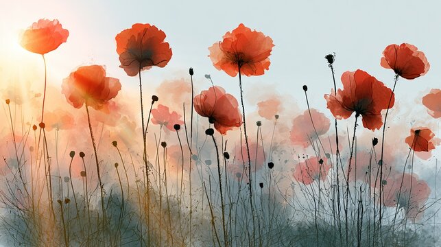 Whimsical and romantic. empty upper sky for logo placement. gentle morning mist over field of poppies. sunbeams creating lens flare effect