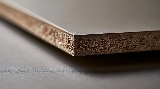 Close up of laminated particle board corner showing chipboard texture and smooth surface.