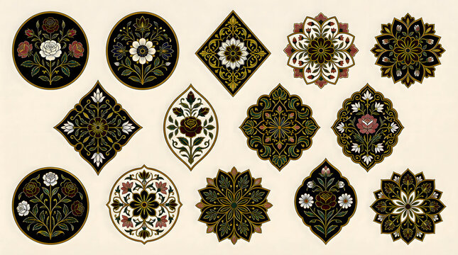 Floral ornaments with detailed botanical motifs showcase intricate designs and a vintage aesthetic ornament motif design arabesque decorative pattern