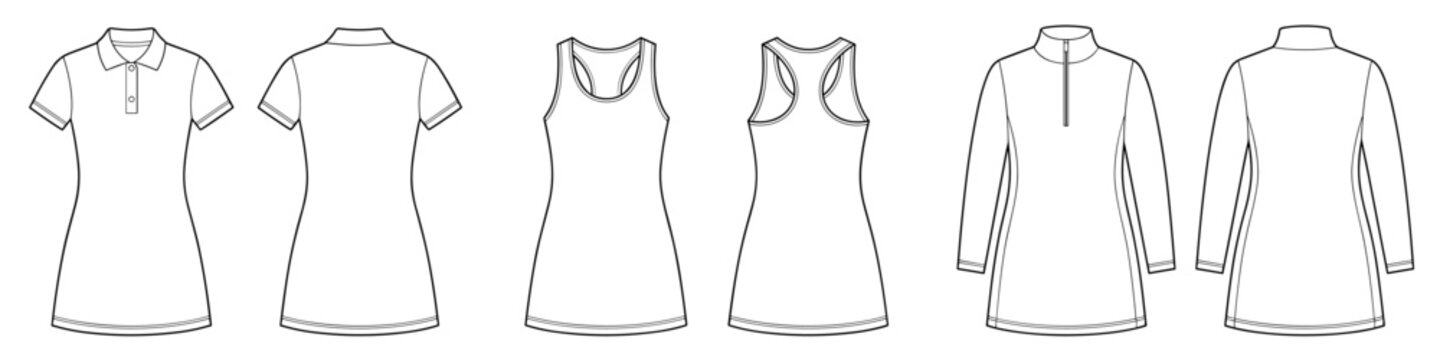 Bundle Set of Active Dresses technical fashion illustration with polo collar, racerback tank, and quarter-zip long sleeves. Flat apparel front and back view. Women sports CAD.