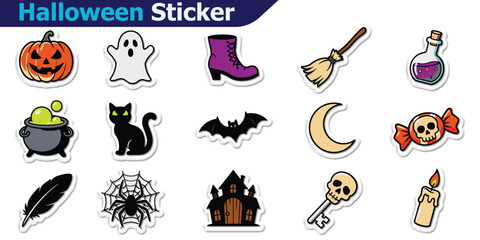Obraz premium Set of halloween stickers featuring a jack-o'-lantern, ghost, witch boot, broom, potion, cauldron, black cat, bat, moon, candy, spider, and house