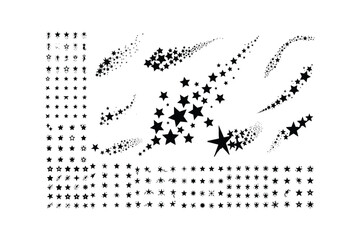 Fototapeta premium Collection of black star shapes, celestial bodies, and shooting star trails isolated on a white background, for projects
