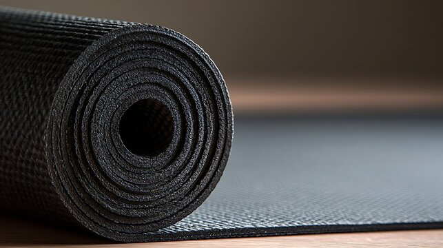 Close up view of rolled black yoga mat on floor for fitness exercise and workout.