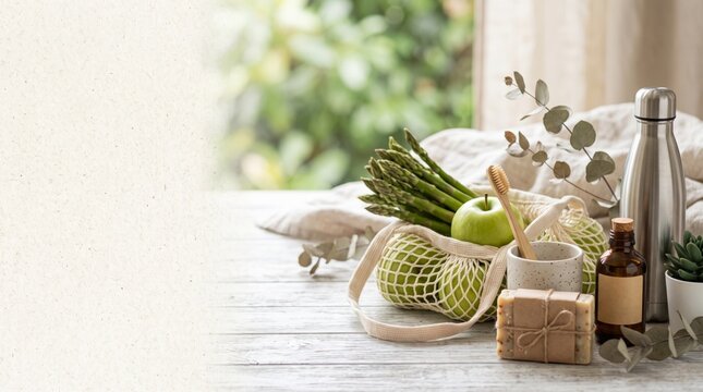 Eco Friendly Lifestyle Still Life with Reusable Bag and Natural Products for Sustainable Living