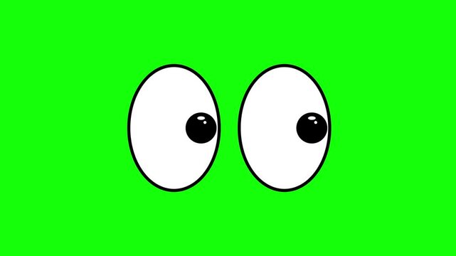 Cartoon eyes animation on green screen, character overlay for down glance, pupil turns, mascot look, keying plate, interface icon, motion graphic and stock video editing project.