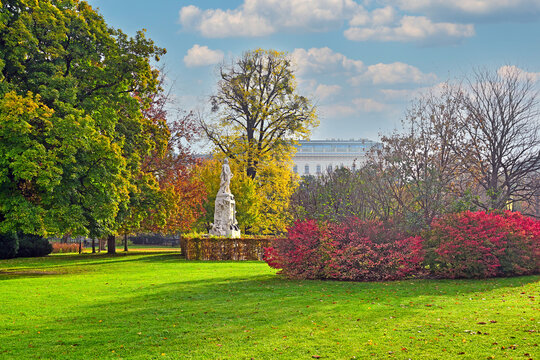 Scenic landscape of the Mozart Monument in the Burggarten palace garden during autumn, Vienna