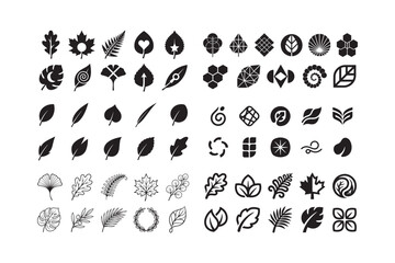 Obraz premium Collection of various leaf and nature symbols in black and white styles for botanical and environmental projects