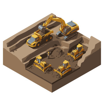 Construction site with heavy machinery and excavators at work.