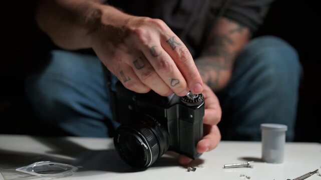 Close up of a technician's tattooed hands carefully reassembling an old analog film camera on a workbench, showcasing a passion for vintage photography