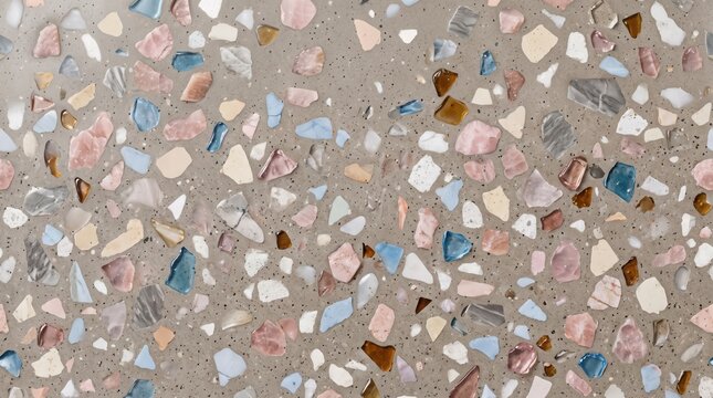 Terrazzo surface texture featuring embedded fragments of pink, blue, white, and brown stone chips set in a smooth, light beige concrete base