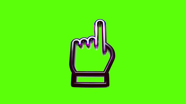 Shiny purple neon hand cursor icon pointing up as a digital interface button on a bright green backdrop