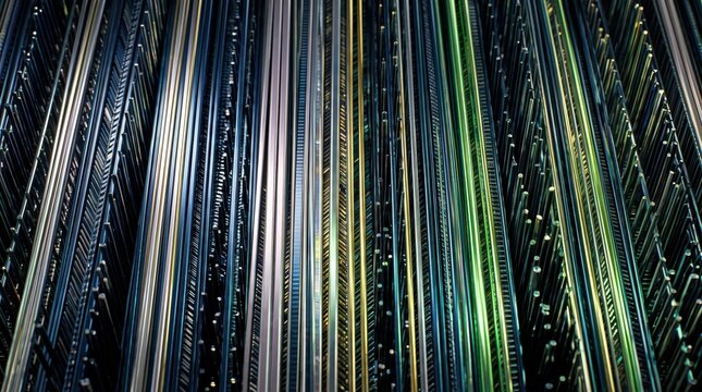 Vertical nanowire array featuring parallel metallic strands in shades of green, blue, and silver, creating a high-density microscopic texture pattern