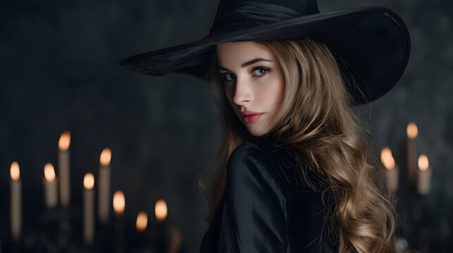 Elegant Halloween Witch Woman in Black Hat with Glowing Candles and Dark Moody Atmosphere