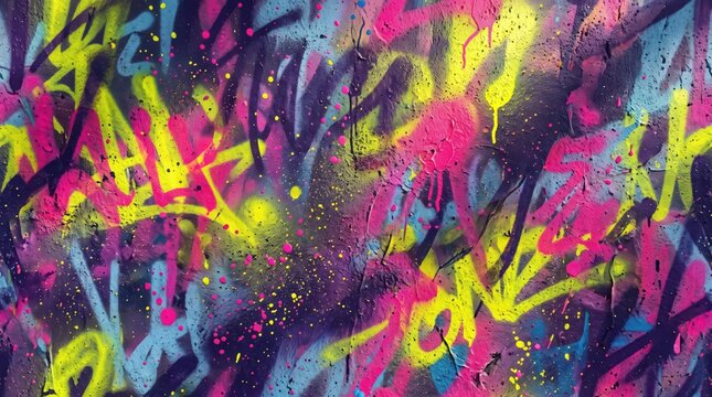 Vibrant graffiti wall texture featuring overlapping neon yellow, hot pink, and electric blue spray paint splatters, drips, and abstract tagging marks on a dark background