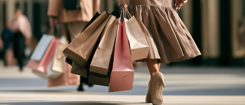Women shopping with bags in stylish outfits on a city street  