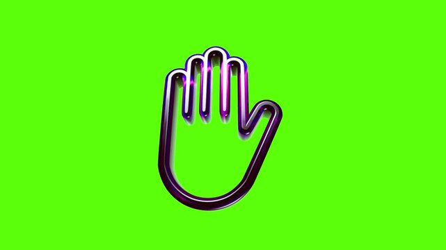 Shiny purple hand gesture icon with a glossy 3d outline effect on a bright vibrant green background