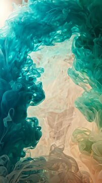 Abstract Teal and Beige Ink Clouds Swirling in Water Slow Motion