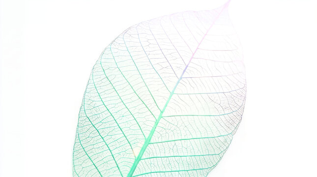 Transparent skeleton leaf with pastel gradient colors on white background