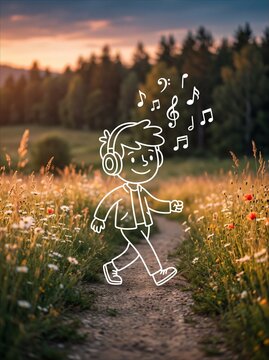 Doodle cartoon boy with headphones walking in a scenic meadow at sunset