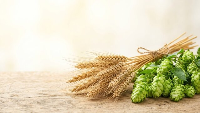 Fresh Beer Hops and Golden Wheat Ears on Rustic Wooden Table
