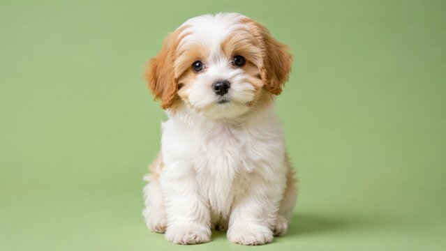 Small fluffy white and tan Cavachon puppy with dark round eyes and a black nose sitting on a sage green background looking at the camera with a slightly tilted head and curly coat