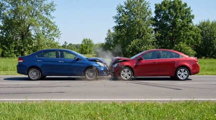 Fototapeta premium A blue sedan and a red sedan involved in a head-on vehicle collision on an asphalt road, with visible smoke rising from the crumpled front bumpers and damaged hoods of the cars
