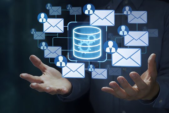 Database email. Automated mail delivery from a server. Businessperson holding mail and database icons.
