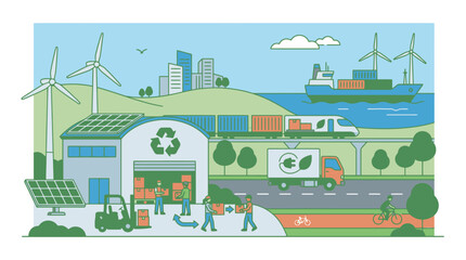 Naklejka premium Sustainable Logistics and Green Supply Chain Illustration Featuring Renewable Energy and Eco Friendly Transportation. EPS Editable. Vector Illustrations.