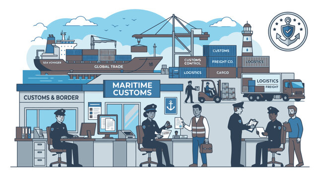 Maritime customs border control shipping port logistics illustration. EPS Editable. Vector Illustrations.