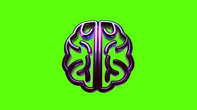 Metallic human brain icon with colorful glossy texture isolated on a vibrant bright green background