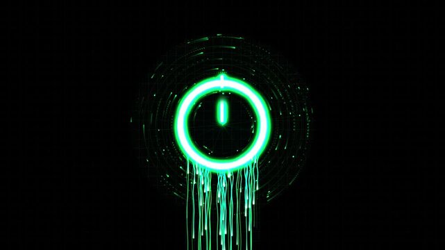 Neon green power button symbol with digital glitch data stream and cyberpunk hud interface