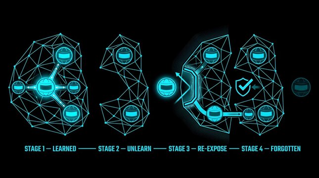 Machine learning model unlearning process diagram. Showing steps for learned unlearn re-expose and forgotten stages. Cyan digital network nodes on black