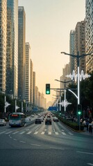 Naklejka premium Smart city street with modern lamp posts monitoring noise levels. Digital sound wave graphics display on illuminated poles along busy urban road. Cars drive through downtown traffic during sunset